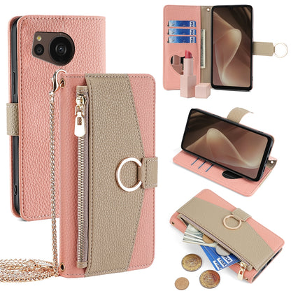 Sharp Aquos Sense7 Plus Crossbody Phone Case with Litchi Texture Leather, Adjustable Kickstand, Card Slots, Zipper Purse, Makeup Mirror, and TPU Protection