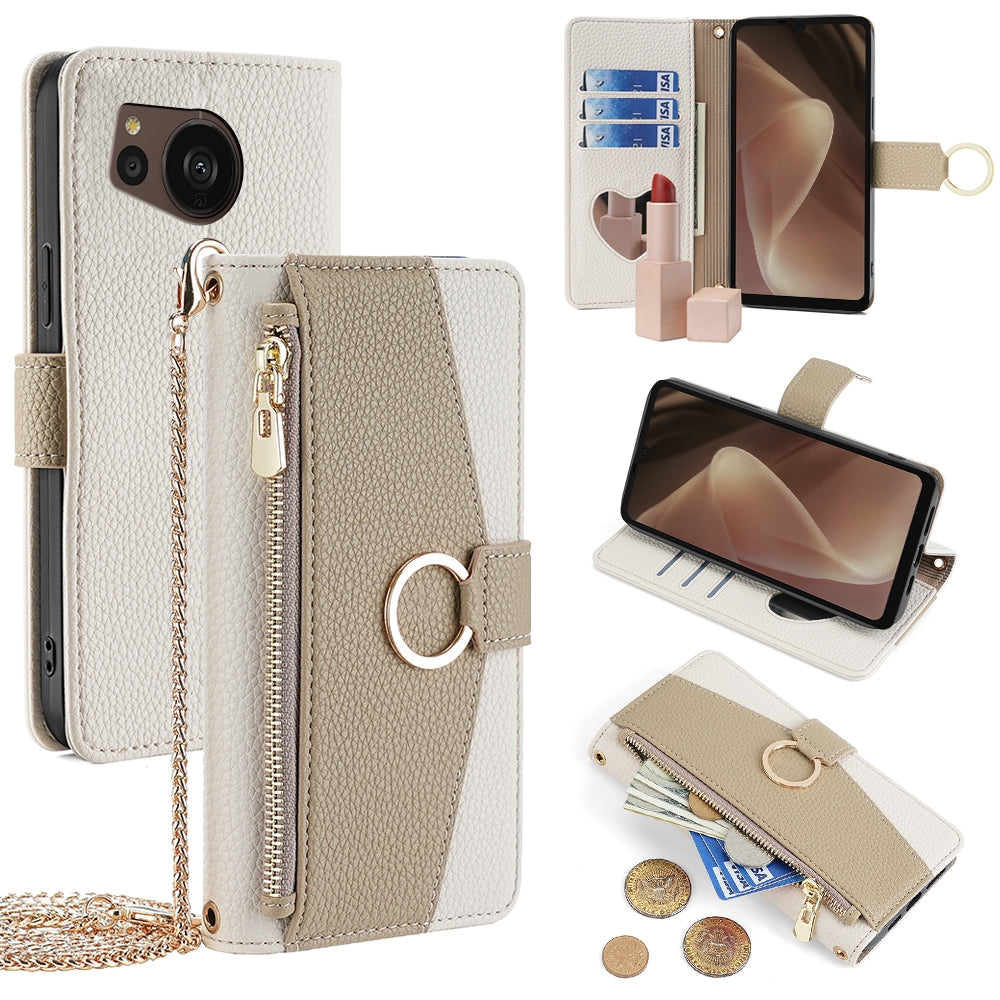 Sharp Aquos Sense7 Plus Crossbody Phone Case with Litchi Texture Leather, Adjustable Kickstand, Card Slots, Zipper Purse, Makeup Mirror, and TPU Protection