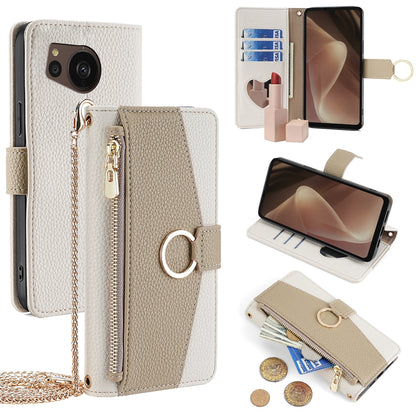 Sharp Aquos Sense7 Plus Crossbody Phone Case with Litchi Texture Leather, Adjustable Kickstand, Card Slots, Zipper Purse, Makeup Mirror, and TPU Protection