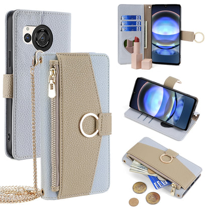 Sharp Aquos R8 SH-52D Crossbody Phone Case with Litchi Texture Leather, Adjustable Kickstand, Card Slots, Zipper Purse, Makeup Mirror, and TPU Protection