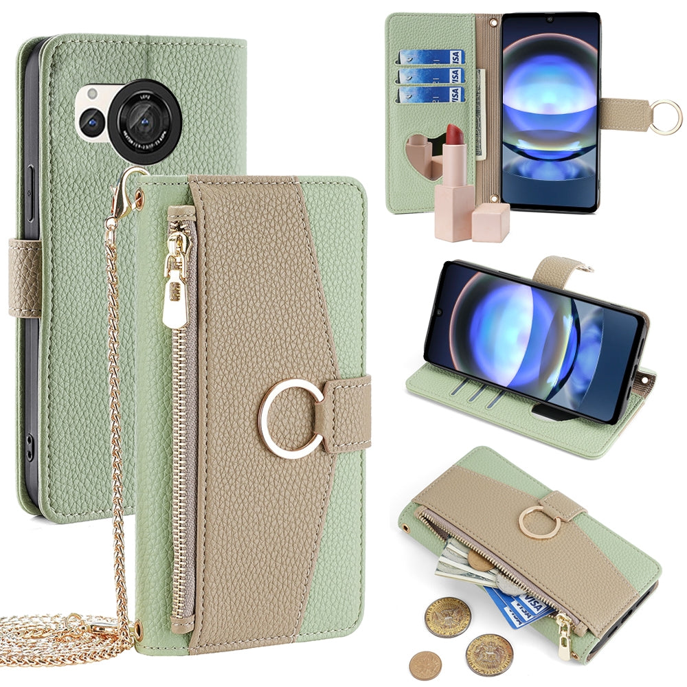 Sharp Aquos R8 SH-52D Crossbody Phone Case with Litchi Texture Leather, Adjustable Kickstand, Card Slots, Zipper Purse, Makeup Mirror, and TPU Protection