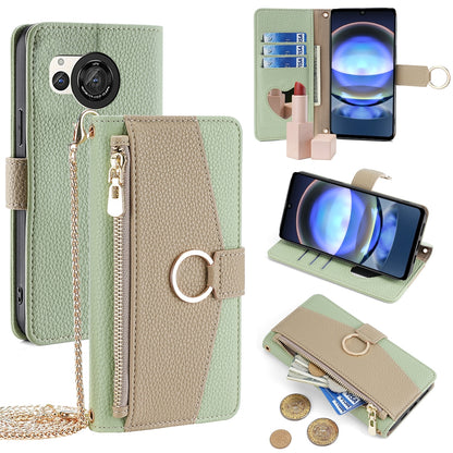 Sharp Aquos R8 SH-52D Crossbody Phone Case with Litchi Texture Leather, Adjustable Kickstand, Card Slots, Zipper Purse, Makeup Mirror, and TPU Protection