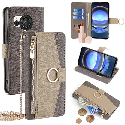Sharp Aquos R8 SH-52D Crossbody Phone Case with Litchi Texture Leather, Adjustable Kickstand, Card Slots, Zipper Purse, Makeup Mirror, and TPU Protection