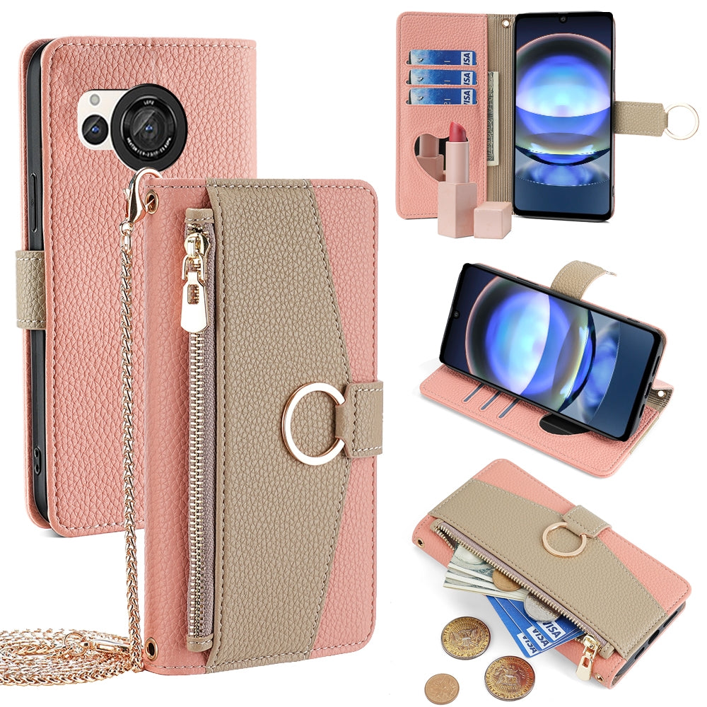 Sharp Aquos R8 SH-52D Crossbody Phone Case with Litchi Texture Leather, Adjustable Kickstand, Card Slots, Zipper Purse, Makeup Mirror, and TPU Protection