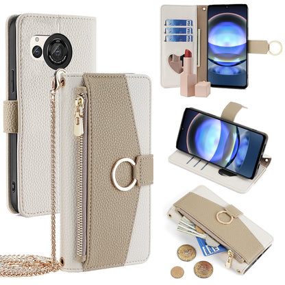 Sharp Aquos R8 SH-52D Crossbody Phone Case with Litchi Texture Leather, Adjustable Kickstand, Card Slots, Zipper Purse, Makeup Mirror, and TPU Protection