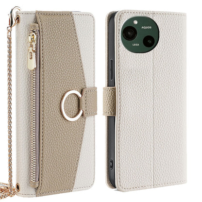 Sharp Aquos R9 Crossbody Phone Case with Litchi Texture Leather, Adjustable Kickstand, Card Slots, Zipper Purse, Makeup Mirror, and TPU Protection