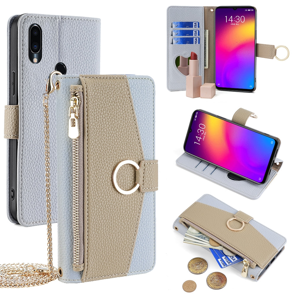 Meizu Note 9 Crossbody Phone Case with Litchi Texture Leather, Adjustable Kickstand, Card Slots, Zipper Purse, Makeup Mirror, and TPU Protection