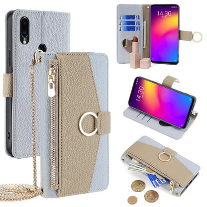 Meizu Note 9 Crossbody Phone Case with Litchi Texture Leather, Adjustable Kickstand, Card Slots, Zipper Purse, Makeup Mirror, and TPU Protection
