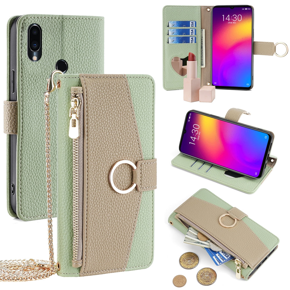 Meizu Note 9 Crossbody Phone Case with Litchi Texture Leather, Adjustable Kickstand, Card Slots, Zipper Purse, Makeup Mirror, and TPU Protection