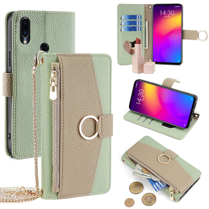 Meizu Note 9 Crossbody Phone Case with Litchi Texture Leather, Adjustable Kickstand, Card Slots, Zipper Purse, Makeup Mirror, and TPU Protection