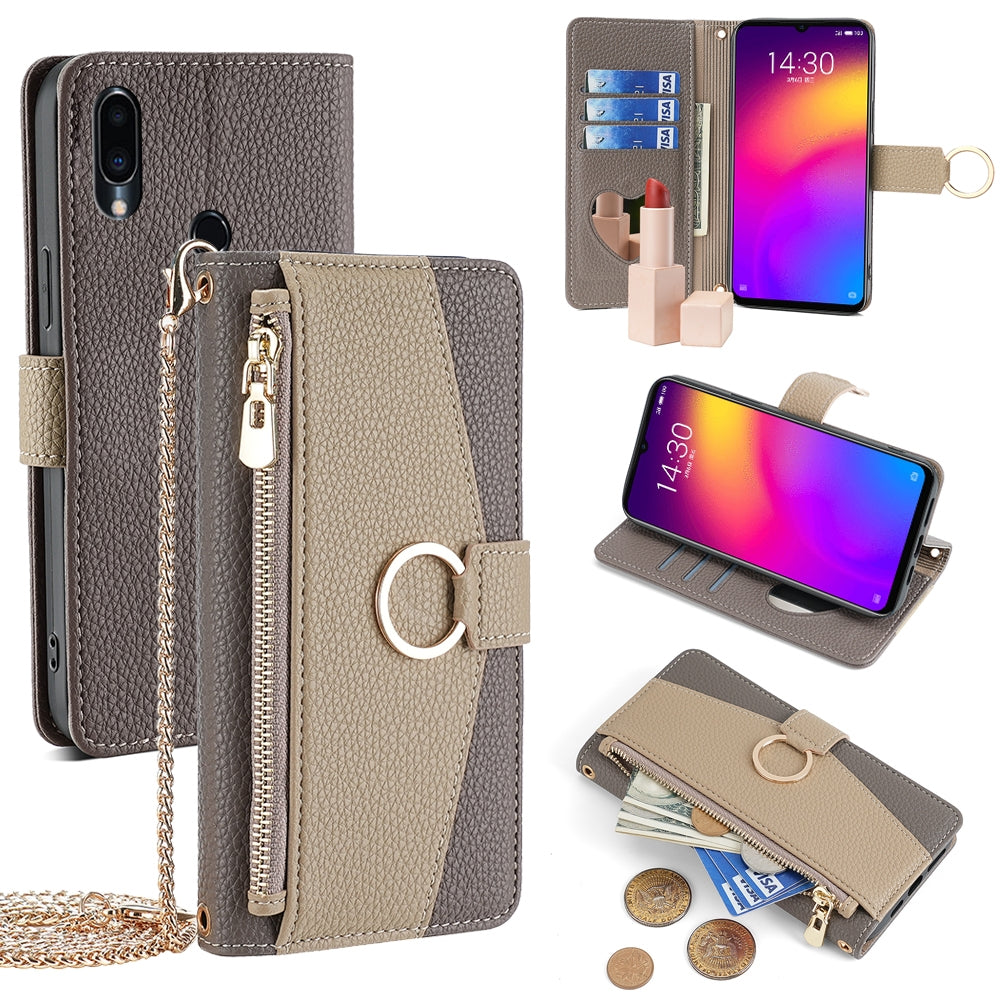 Meizu Note 9 Crossbody Phone Case with Litchi Texture Leather, Adjustable Kickstand, Card Slots, Zipper Purse, Makeup Mirror, and TPU Protection