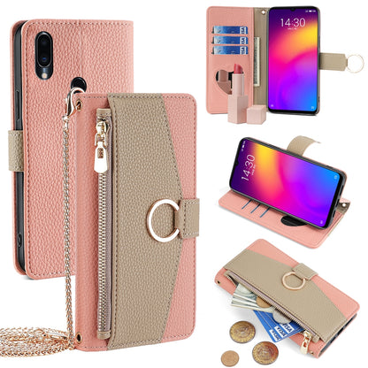 Meizu Note 9 Crossbody Phone Case with Litchi Texture Leather, Adjustable Kickstand, Card Slots, Zipper Purse, Makeup Mirror, and TPU Protection