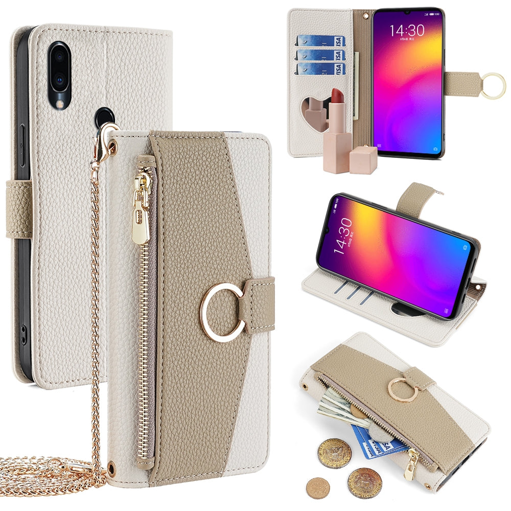 Meizu Note 9 Crossbody Phone Case with Litchi Texture Leather, Adjustable Kickstand, Card Slots, Zipper Purse, Makeup Mirror, and TPU Protection