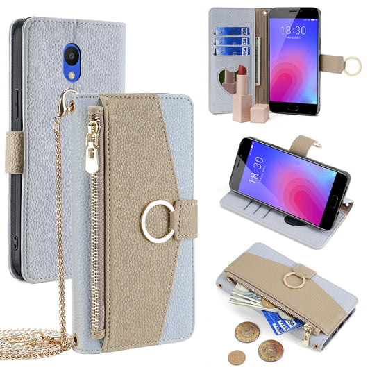 Meizu M6 Crossbody Phone Case with Litchi Texture Leather, Adjustable Kickstand, Card Slots, Zipper Purse, Makeup Mirror, and TPU Protection