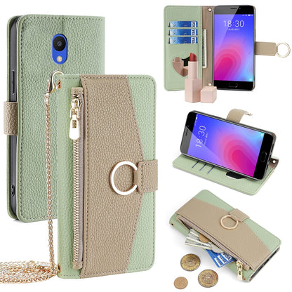 Meizu M6 Crossbody Phone Case with Litchi Texture Leather, Adjustable Kickstand, Card Slots, Zipper Purse, Makeup Mirror, and TPU Protection
