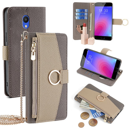 Meizu M6 Crossbody Phone Case with Litchi Texture Leather, Adjustable Kickstand, Card Slots, Zipper Purse, Makeup Mirror, and TPU Protection
