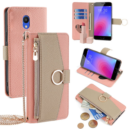 Meizu M6 Crossbody Phone Case with Litchi Texture Leather, Adjustable Kickstand, Card Slots, Zipper Purse, Makeup Mirror, and TPU Protection