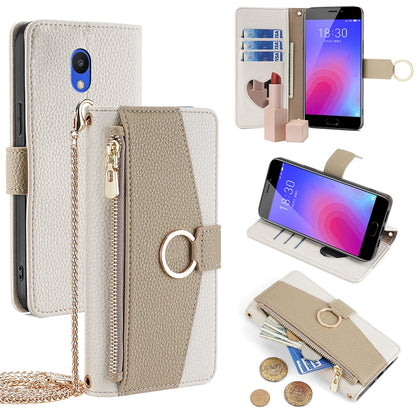 Meizu M6 Crossbody Phone Case with Litchi Texture Leather, Adjustable Kickstand, Card Slots, Zipper Purse, Makeup Mirror, and TPU Protection