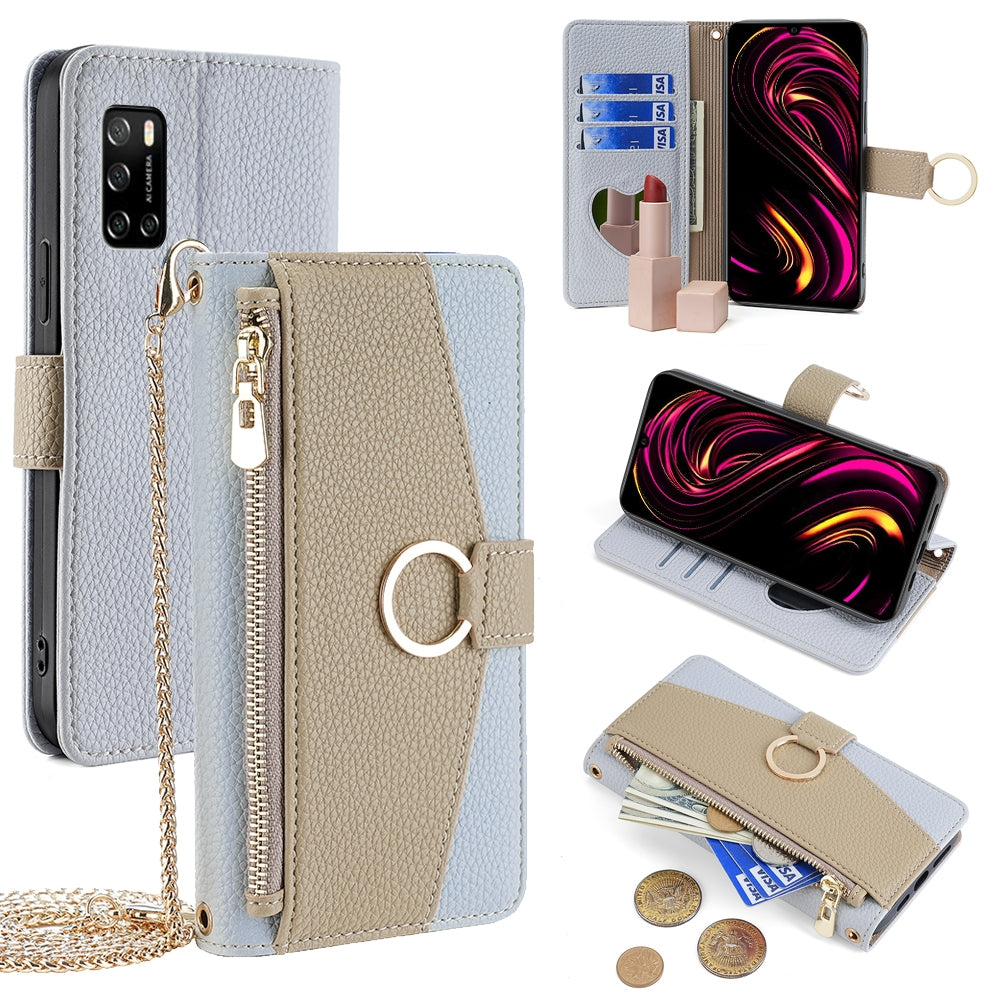 Rakuten Big S Crossbody Phone Case with Litchi Texture Leather, Adjustable Kickstand, Card Slots, Zipper Purse, Makeup Mirror, and TPU Protection