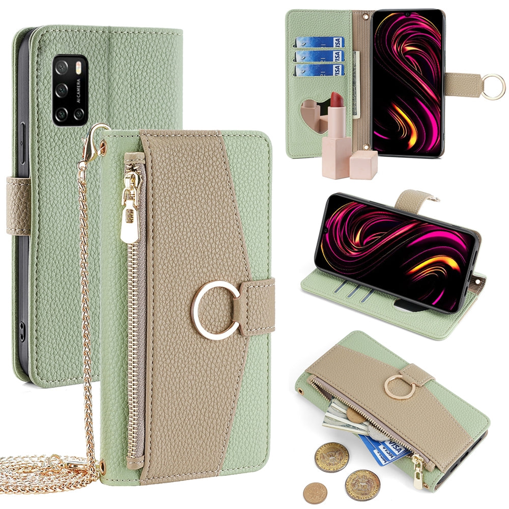 Rakuten Big S Crossbody Phone Case with Litchi Texture Leather, Adjustable Kickstand, Card Slots, Zipper Purse, Makeup Mirror, and TPU Protection