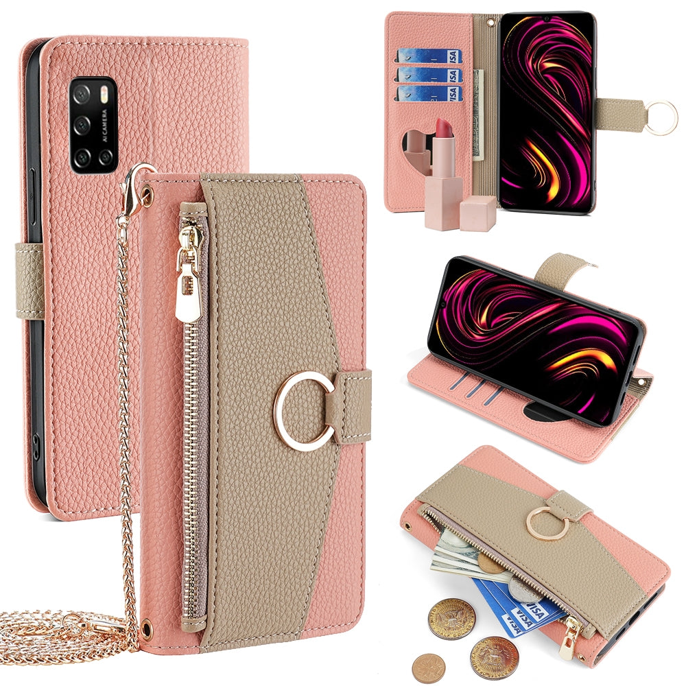 Rakuten Big S Crossbody Phone Case with Litchi Texture Leather, Adjustable Kickstand, Card Slots, Zipper Purse, Makeup Mirror, and TPU Protection