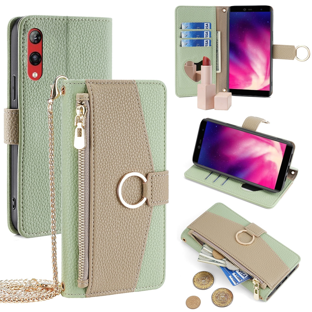 Rakuten Hand 4G Crossbody Phone Case with Litchi Texture Leather, Adjustable Kickstand, Card Slots, Zipper Purse, Makeup Mirror, and TPU Protection