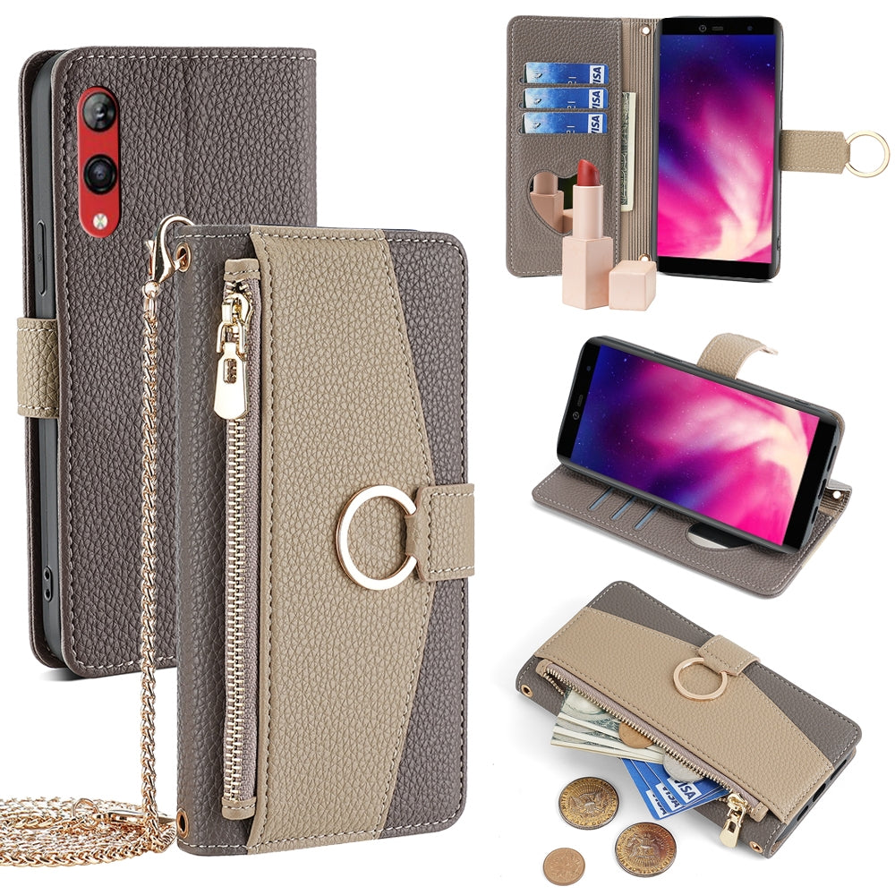 Rakuten Hand 4G Crossbody Phone Case with Litchi Texture Leather, Adjustable Kickstand, Card Slots, Zipper Purse, Makeup Mirror, and TPU Protection