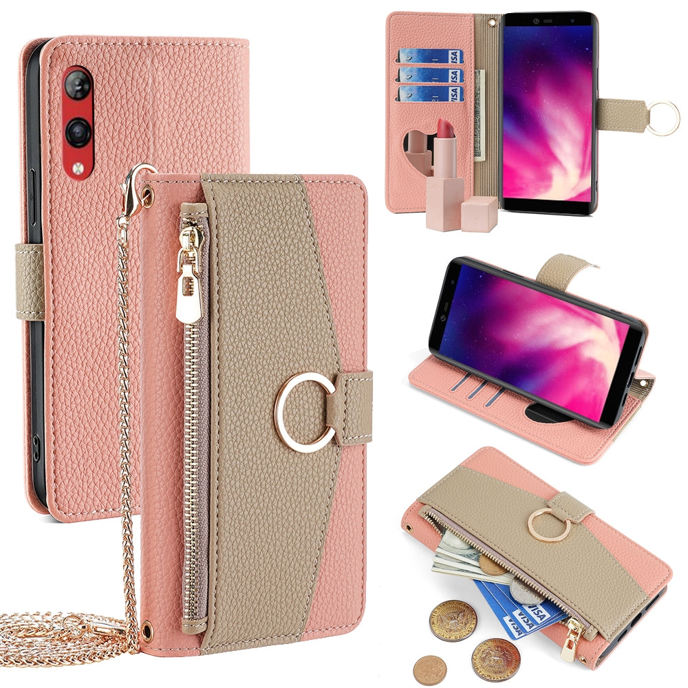 Rakuten Hand 4G Crossbody Phone Case with Litchi Texture Leather, Adjustable Kickstand, Card Slots, Zipper Purse, Makeup Mirror, and TPU Protection