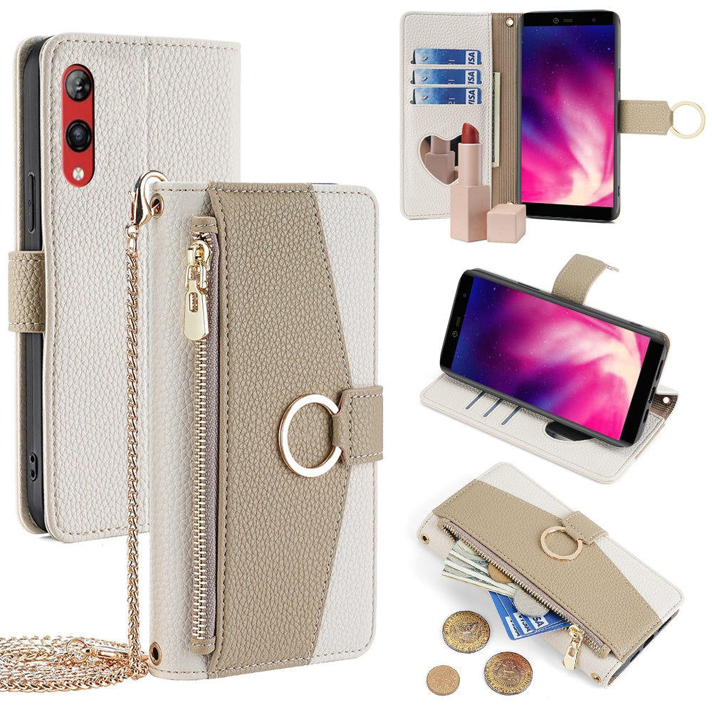 Rakuten Hand 4G Crossbody Phone Case with Litchi Texture Leather, Adjustable Kickstand, Card Slots, Zipper Purse, Makeup Mirror, and TPU Protection