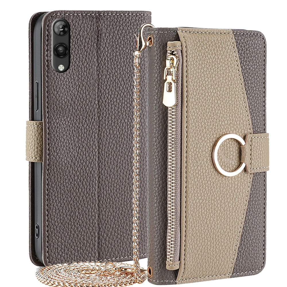 Rakuten Hand 5G Crossbody Phone Case with Litchi Texture Leather, Adjustable Kickstand, Card Slots, Zipper Purse, Makeup Mirror, and TPU Protection