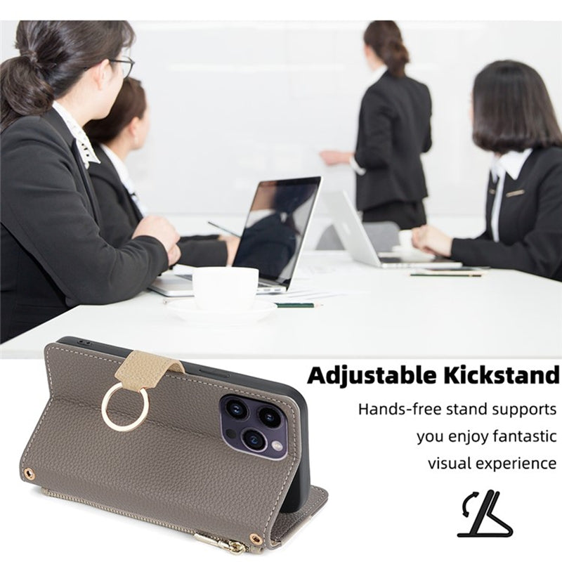 Rakuten Hand 5G Crossbody Phone Case with Litchi Texture Leather, Adjustable Kickstand, Card Slots, Zipper Purse, Makeup Mirror, and TPU Protection