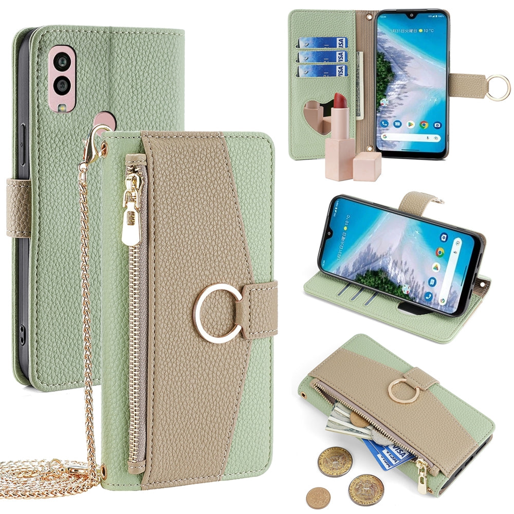 Kyocera Android One S10 Crossbody Phone Case with Litchi Texture Leather, Adjustable Kickstand, Card Slots, Zipper Purse, Makeup Mirror, and TPU Protection