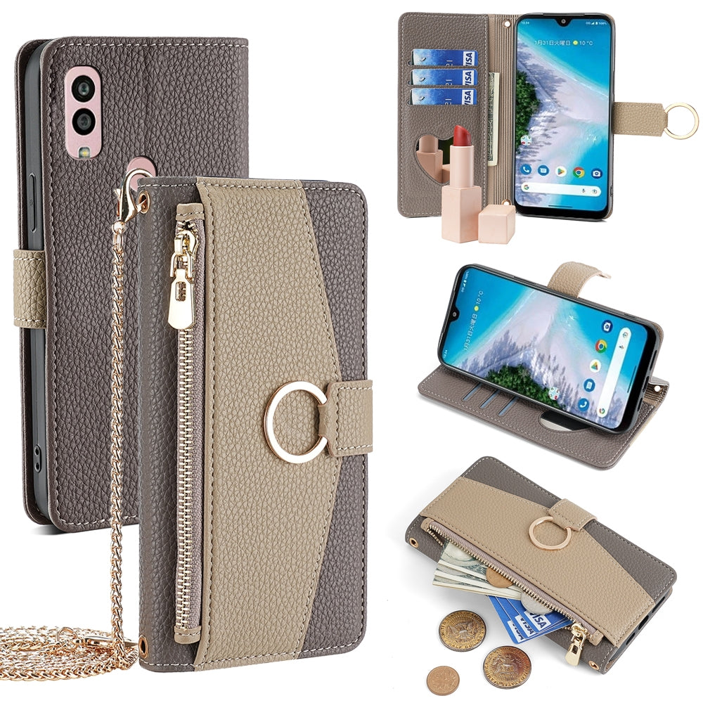 Kyocera Android One S10 Crossbody Phone Case with Litchi Texture Leather, Adjustable Kickstand, Card Slots, Zipper Purse, Makeup Mirror, and TPU Protection