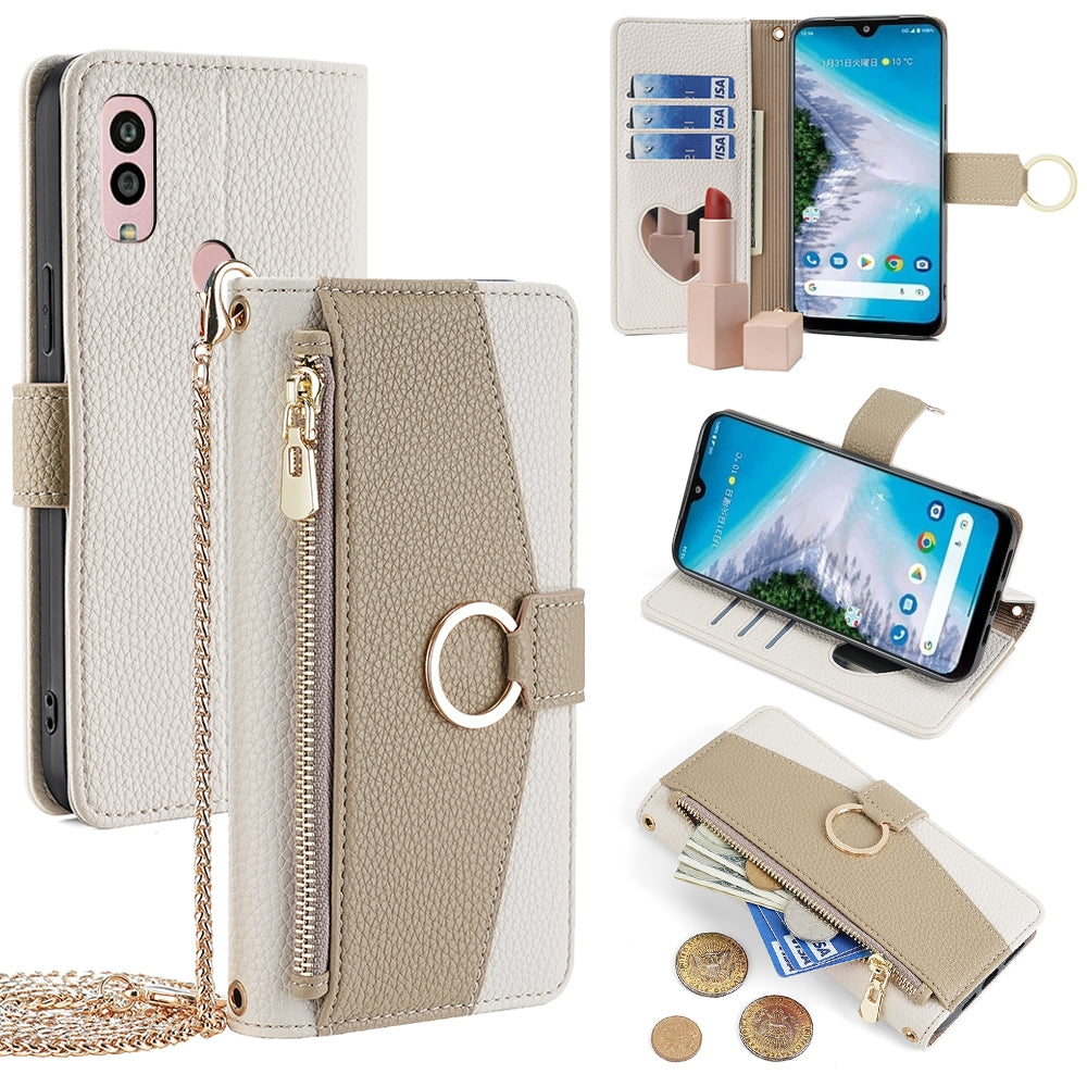 Kyocera Android One S10 Crossbody Phone Case with Litchi Texture Leather, Adjustable Kickstand, Card Slots, Zipper Purse, Makeup Mirror, and TPU Protection