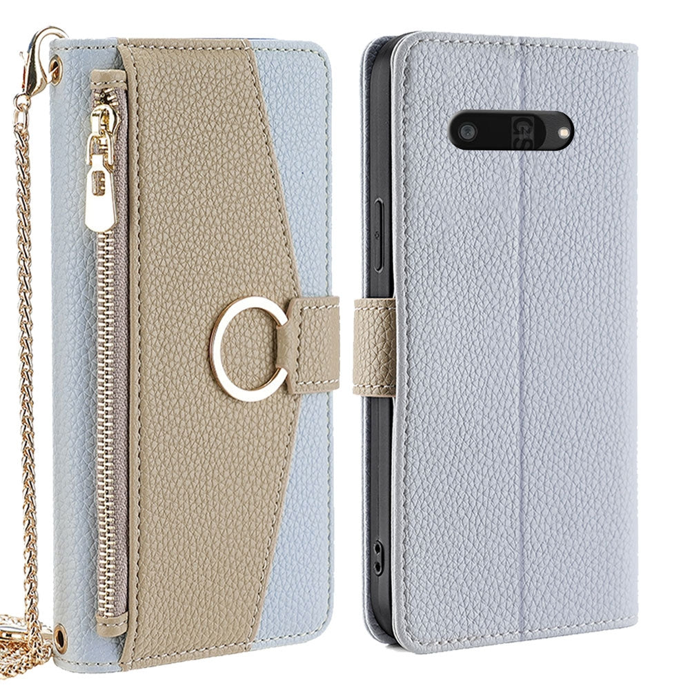 Kyocera Digno SX4 5G Crossbody Phone Case with Litchi Texture Leather, Adjustable Kickstand, Card Slots, Zipper Purse, Makeup Mirror, and TPU Protection