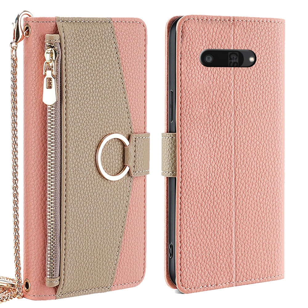 Kyocera Digno SX4 5G Crossbody Phone Case with Litchi Texture Leather, Adjustable Kickstand, Card Slots, Zipper Purse, Makeup Mirror, and TPU Protection