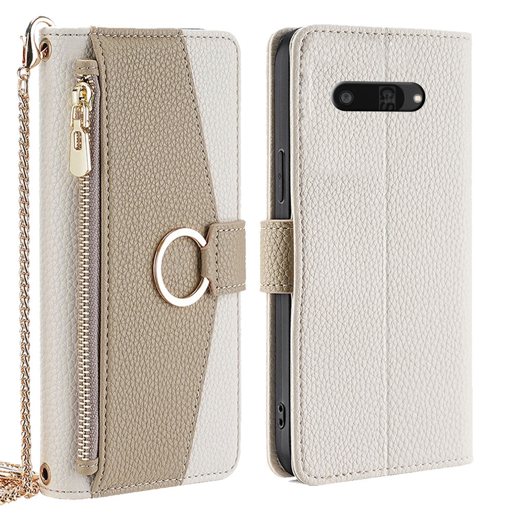 Kyocera Digno SX4 5G Crossbody Phone Case with Litchi Texture Leather, Adjustable Kickstand, Card Slots, Zipper Purse, Makeup Mirror, and TPU Protection