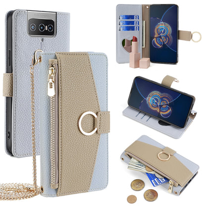 Asus Zenfone 8 Flip ZS672KS Crossbody Phone Case with Litchi Texture Leather, Adjustable Kickstand, Card Slots, Zipper Purse, Makeup Mirror, and TPU Protection