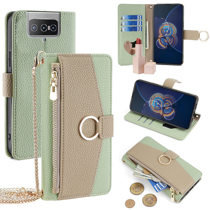 Asus Zenfone 8 Flip ZS672KS Crossbody Phone Case with Litchi Texture Leather, Adjustable Kickstand, Card Slots, Zipper Purse, Makeup Mirror, and TPU Protection
