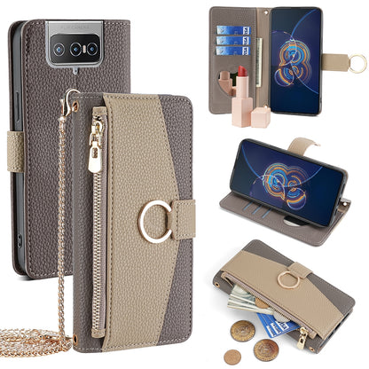 Asus Zenfone 8 Flip ZS672KS Crossbody Phone Case with Litchi Texture Leather, Adjustable Kickstand, Card Slots, Zipper Purse, Makeup Mirror, and TPU Protection