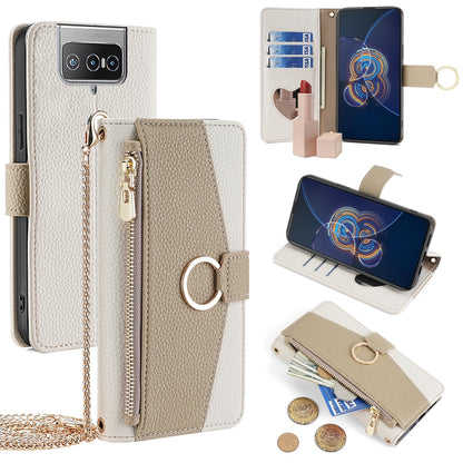 Asus Zenfone 8 Flip ZS672KS Crossbody Phone Case with Litchi Texture Leather, Adjustable Kickstand, Card Slots, Zipper Purse, Makeup Mirror, and TPU Protection