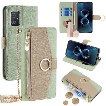 Asus Zenfone 8 ZS590KS Crossbody Phone Case with Litchi Texture Leather, Adjustable Kickstand, Card Slots, Zipper Purse, Makeup Mirror, and TPU Protection