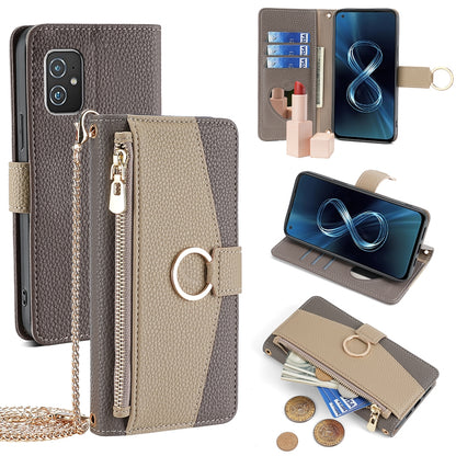 Asus Zenfone 8 ZS590KS Crossbody Phone Case with Litchi Texture Leather, Adjustable Kickstand, Card Slots, Zipper Purse, Makeup Mirror, and TPU Protection