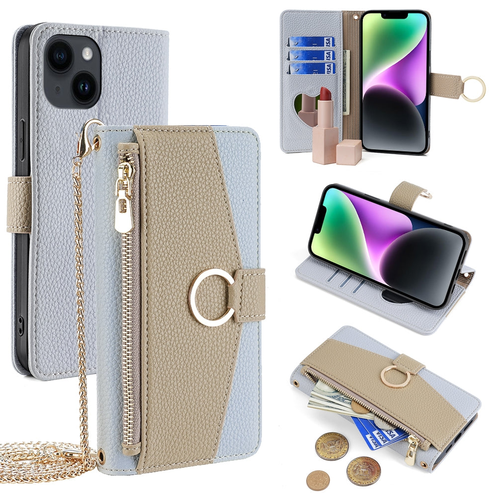 iPhone 14 Crossbody Phone Case with Litchi Texture Leather, Adjustable Kickstand, Card Slots, Zipper Purse, Makeup Mirror, and TPU Protection