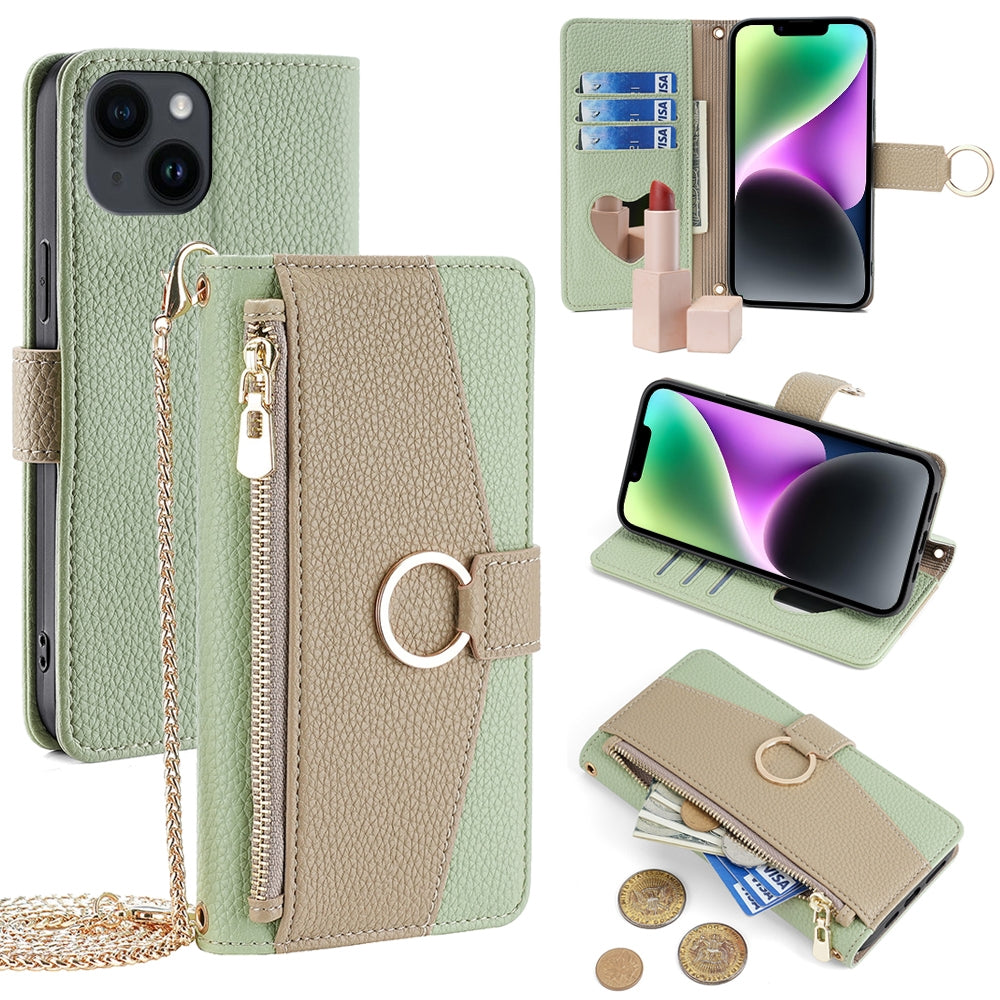 iPhone 14 Crossbody Phone Case with Litchi Texture Leather, Adjustable Kickstand, Card Slots, Zipper Purse, Makeup Mirror, and TPU Protection
