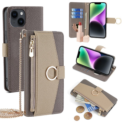 iPhone 14 Crossbody Phone Case with Litchi Texture Leather, Adjustable Kickstand, Card Slots, Zipper Purse, Makeup Mirror, and TPU Protection
