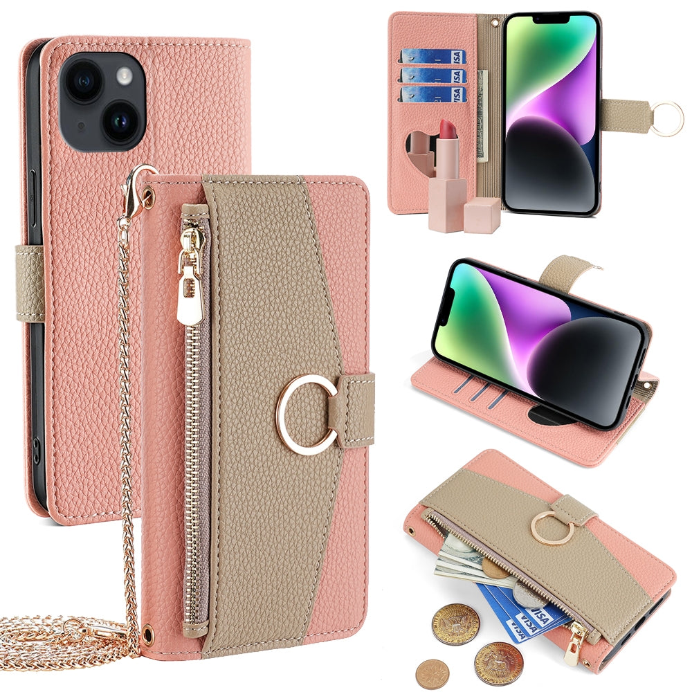 iPhone 14 Crossbody Phone Case with Litchi Texture Leather, Adjustable Kickstand, Card Slots, Zipper Purse, Makeup Mirror, and TPU Protection