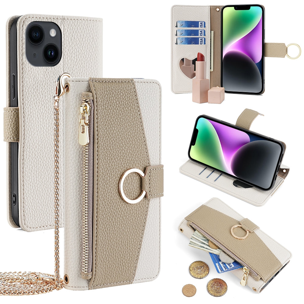 iPhone 14 Crossbody Phone Case with Litchi Texture Leather, Adjustable Kickstand, Card Slots, Zipper Purse, Makeup Mirror, and TPU Protection