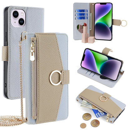 iPhone 14 Plus Crossbody Phone Case with Litchi Texture Leather, Adjustable Kickstand, Card Slots, Zipper Purse, Makeup Mirror, and TPU Protection