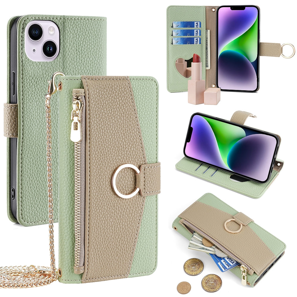 iPhone 14 Plus Crossbody Phone Case with Litchi Texture Leather, Adjustable Kickstand, Card Slots, Zipper Purse, Makeup Mirror, and TPU Protection